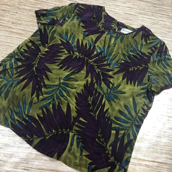 P-113 Norton McNaughton VTG 100% silk blouse shoulder pads GREEN TROPICAL sz 16 - Picture 1 of 1